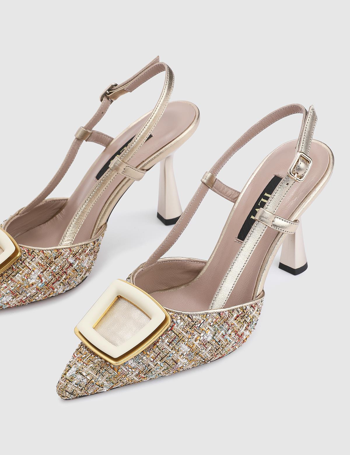 Jutta Gold Tweed Leather Women's Heeled Sandal