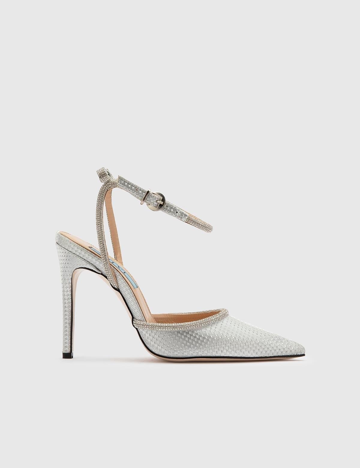 Ainsley Glittered Silver Leather Women's Heeled Sandal