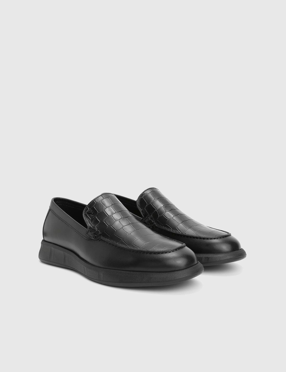 Angelo Black Leather Crocodile Men's Loafer