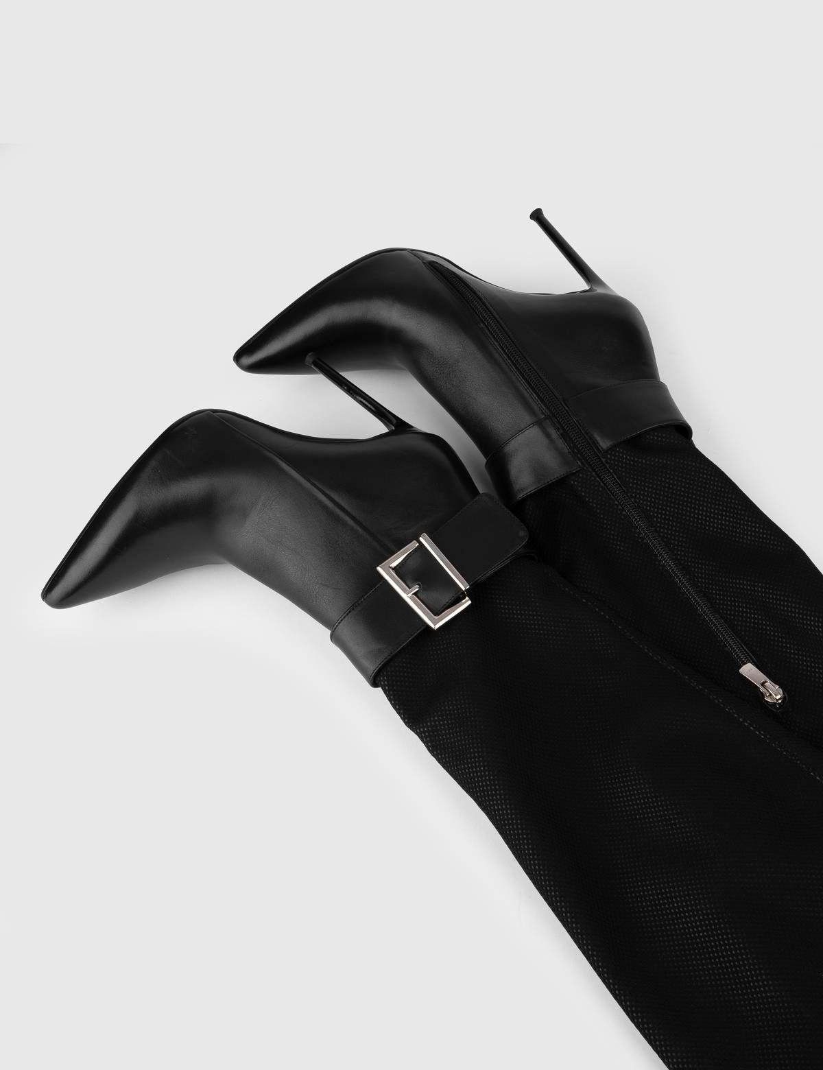 Asmunt Black Leather-Mesh Women's Heeled High Boot