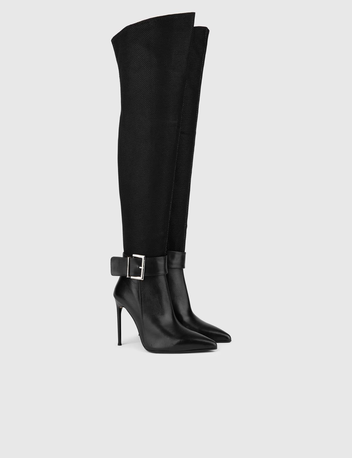 Asmunt Black Leather-Mesh Women's Heeled High Boot