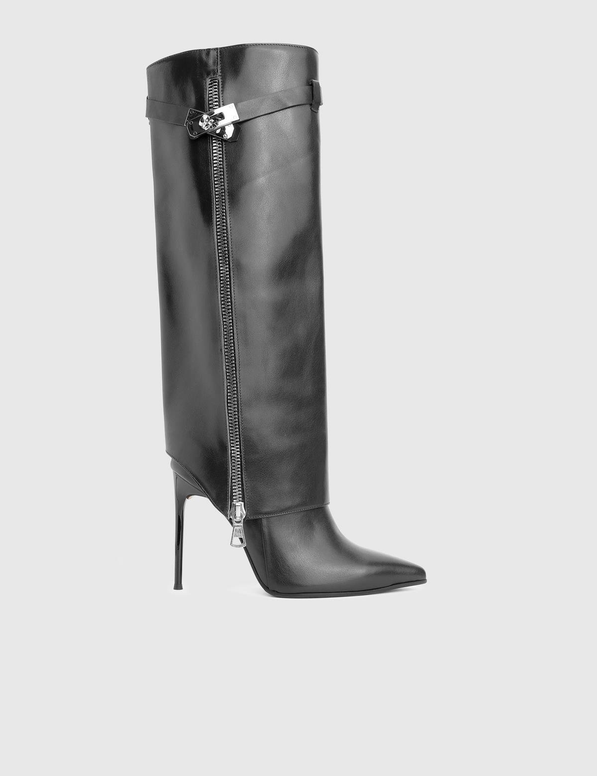 Bellina Black Leather Women's Heeled High Boot