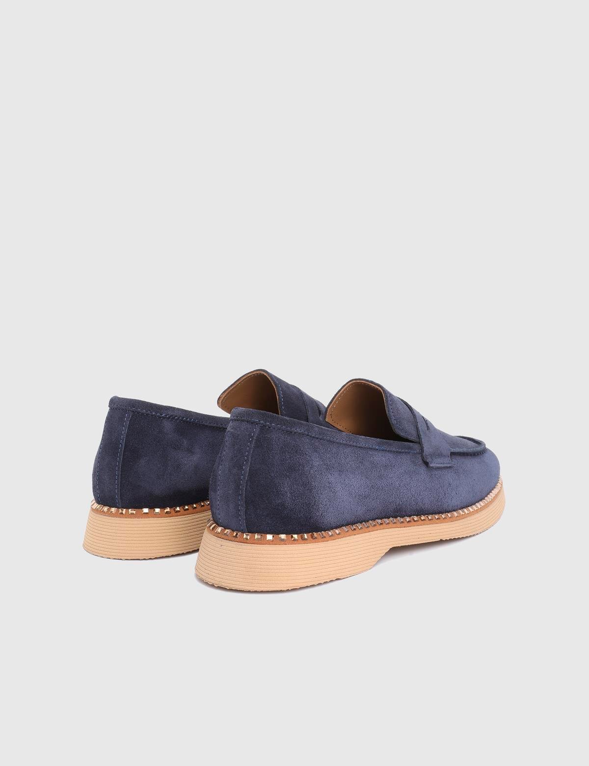 Buckle Navy Blue Suede Leather Women's Loafer