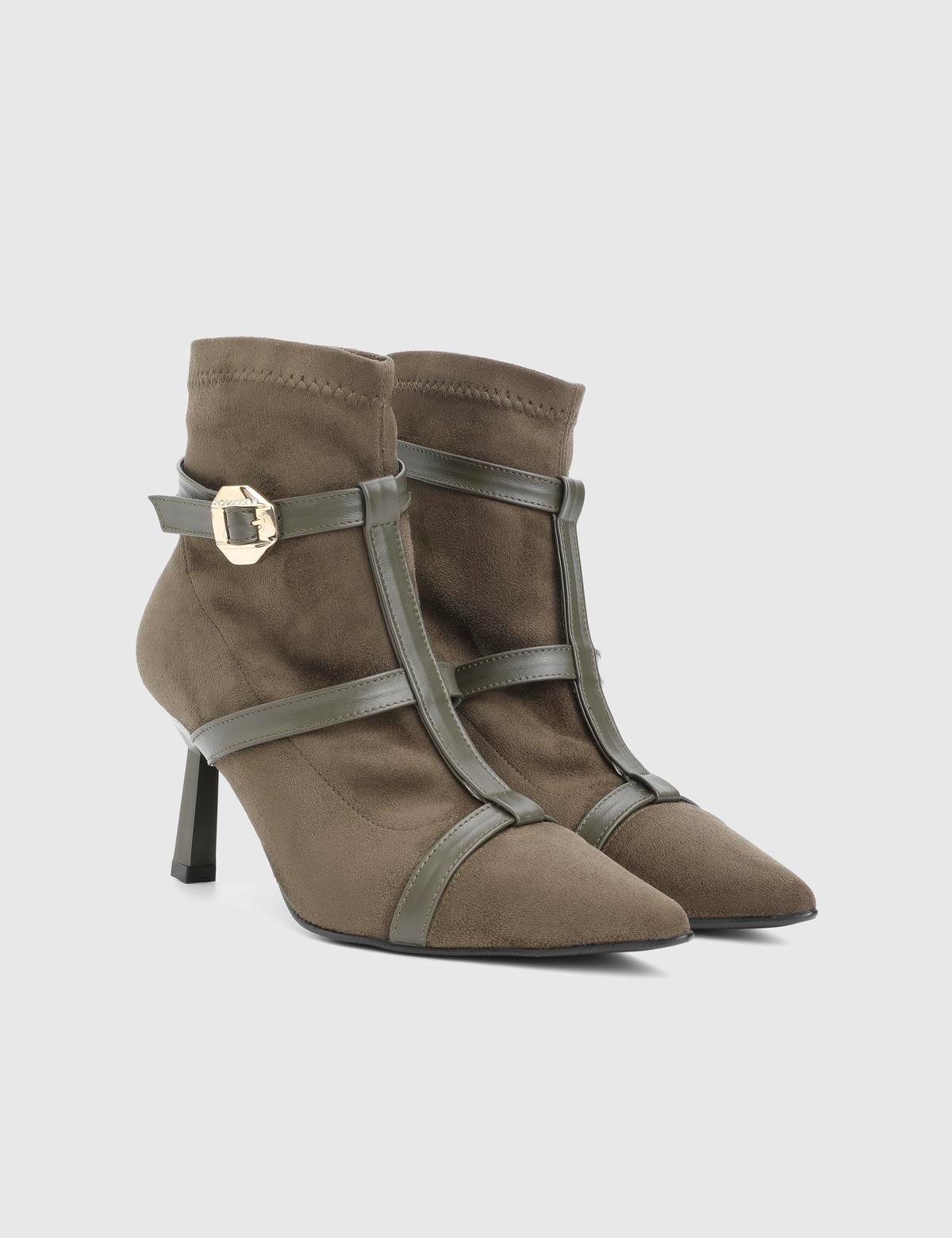 Buynaka Khaki Suede Leather Women's Heeled Boot