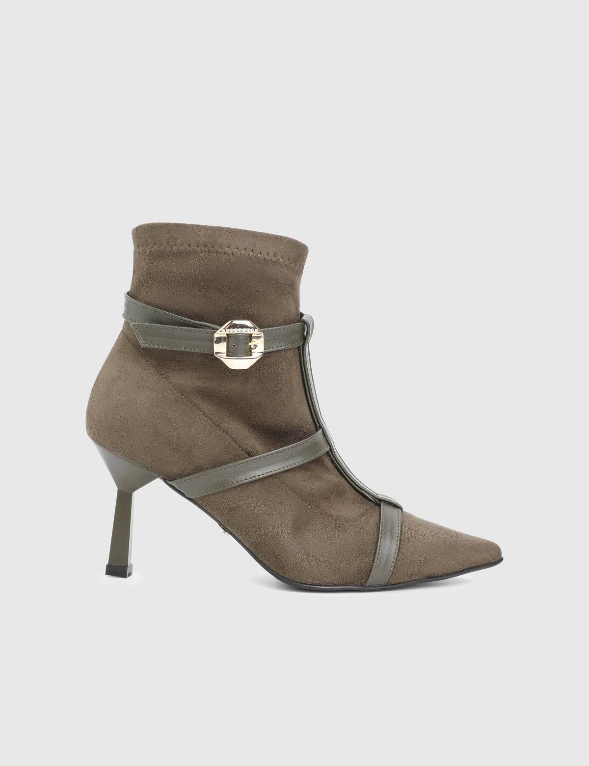 Buynaka Khaki Suede Leather Women's Heeled Boot