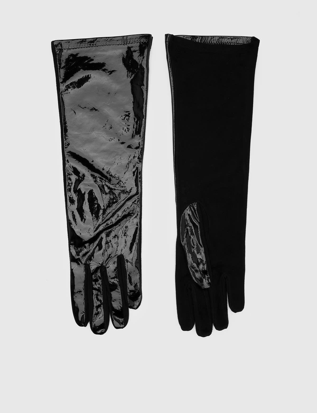 Compton Damenlederhandschuhe aus schwarzem Lackleder und schwarzem Wildleder