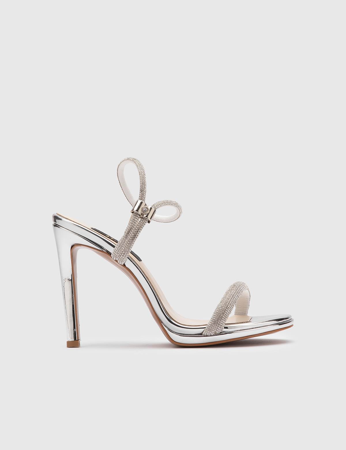 Durgesh Silver Leather Women's Heeled Sandal with Stones