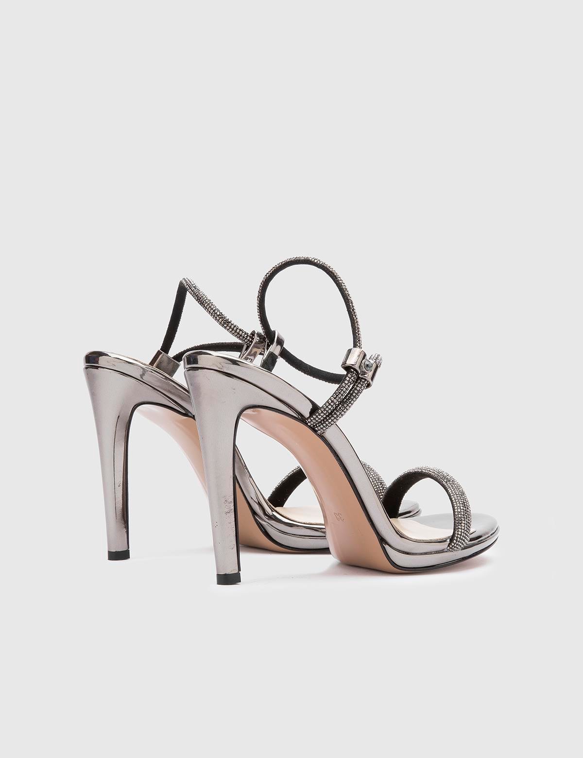 Durgesh Anthracite Leather Women's Heeled Sandal with Stones