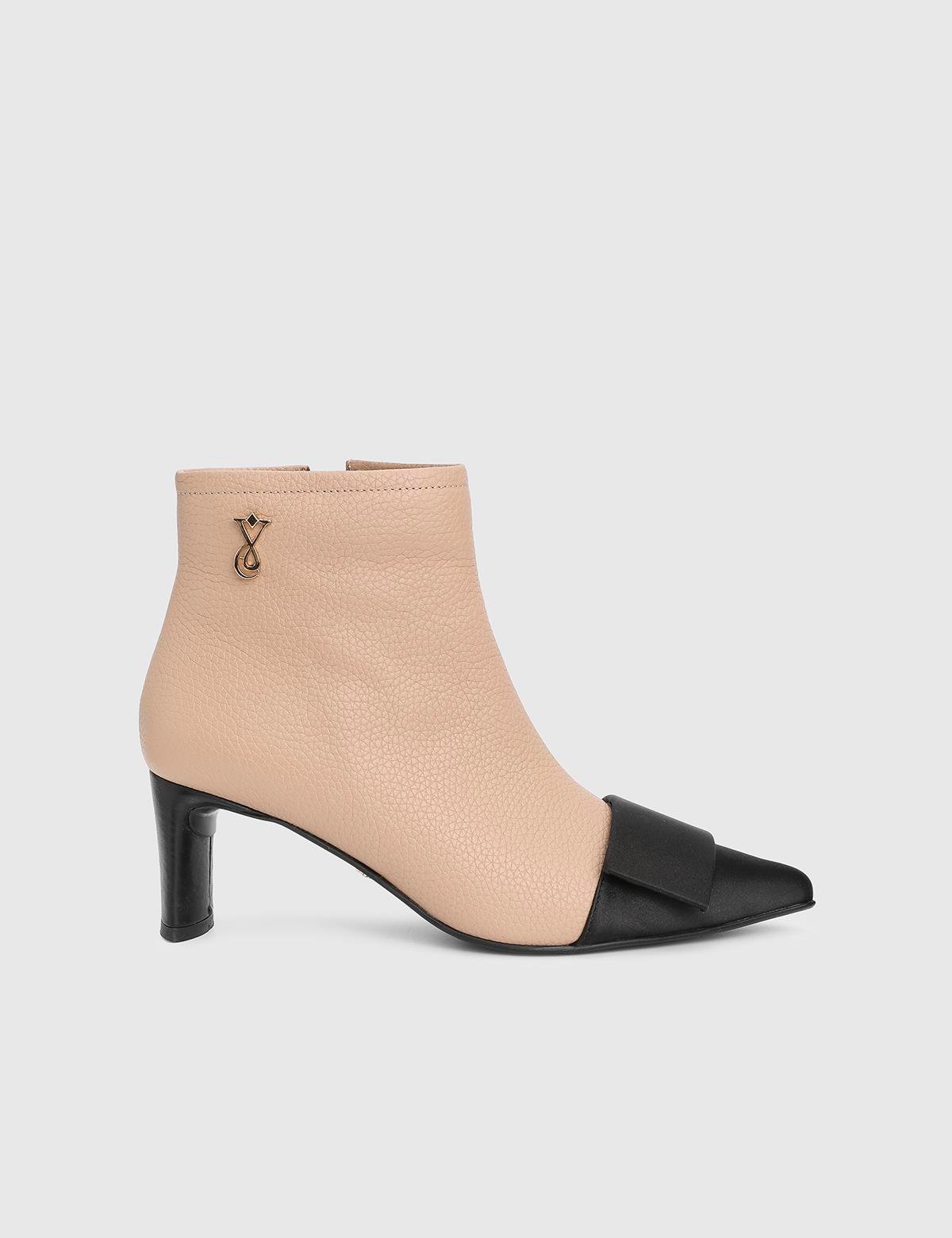 Ernesta Beige Floater Leather Satin Women's Heeled Boot