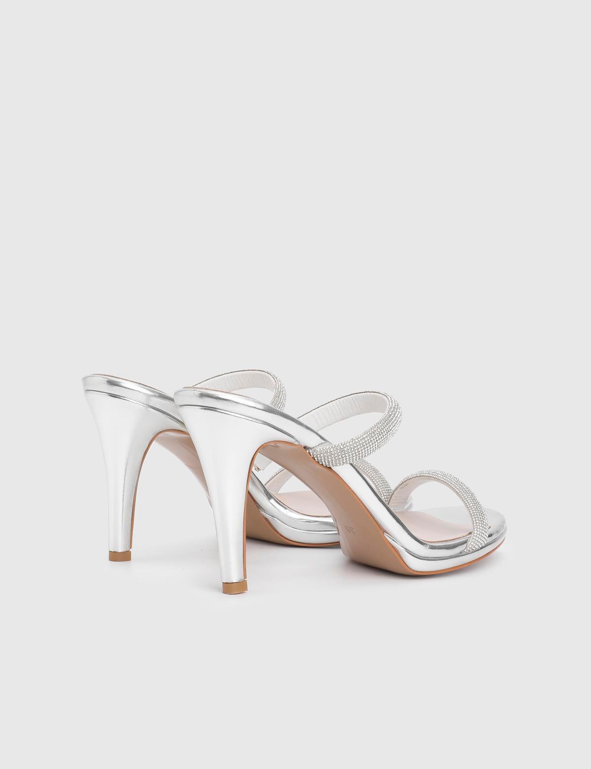 Fers Silver Leather Women's Heeled Slide with Stones