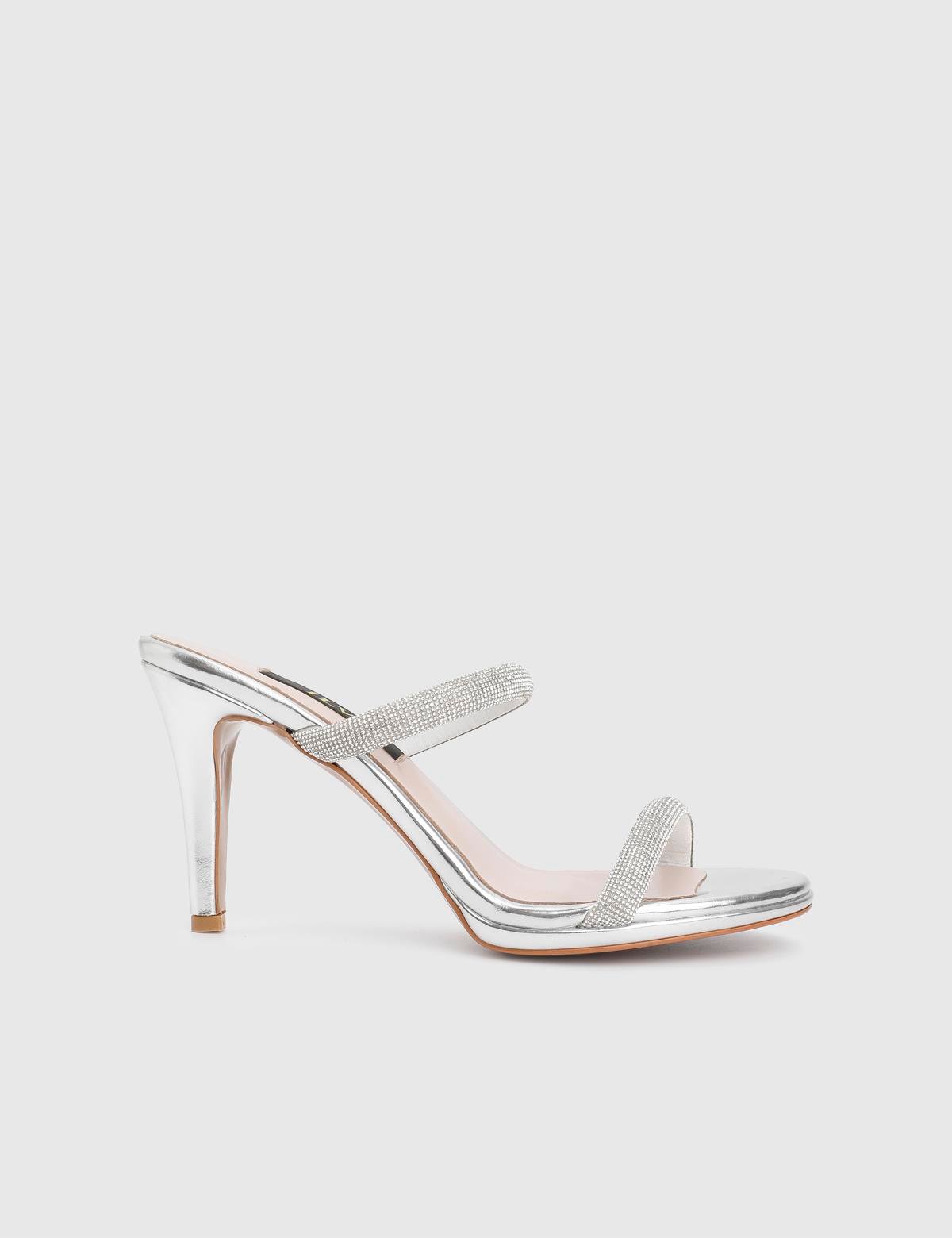 Fers Silver Leather Women's Heeled Slide with Stones