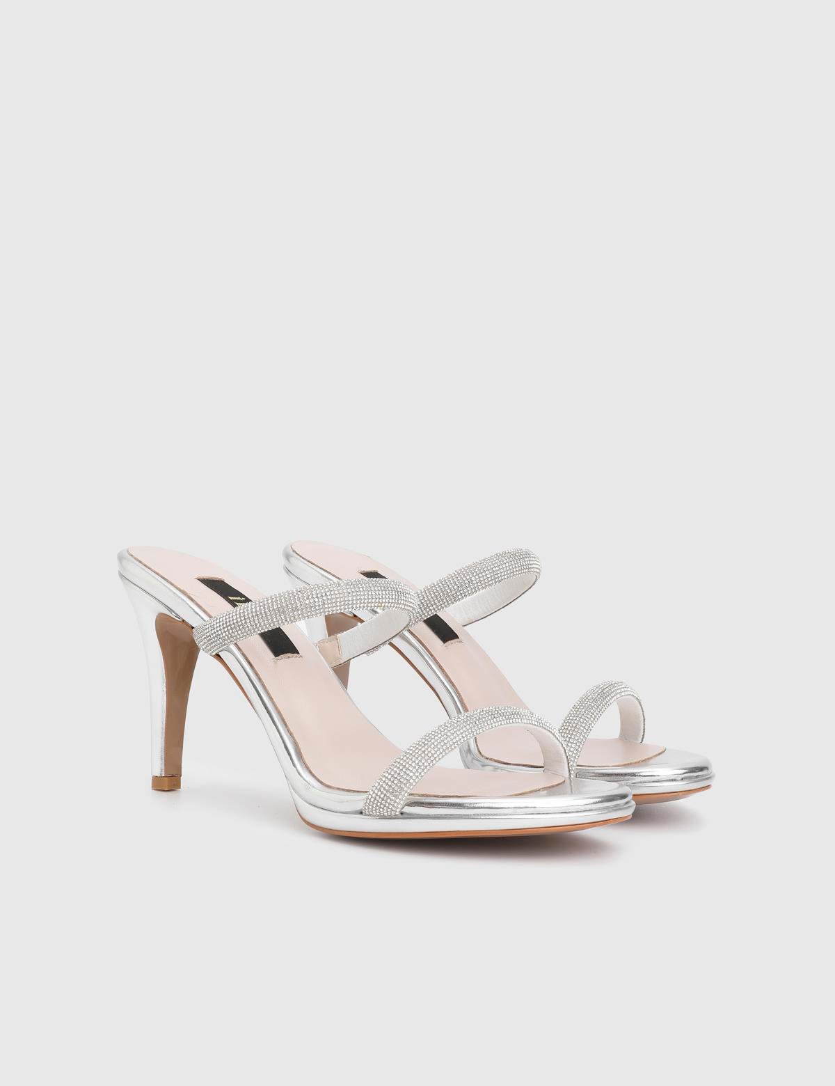 Fers Silver Leather Women's Heeled Slide with Stones