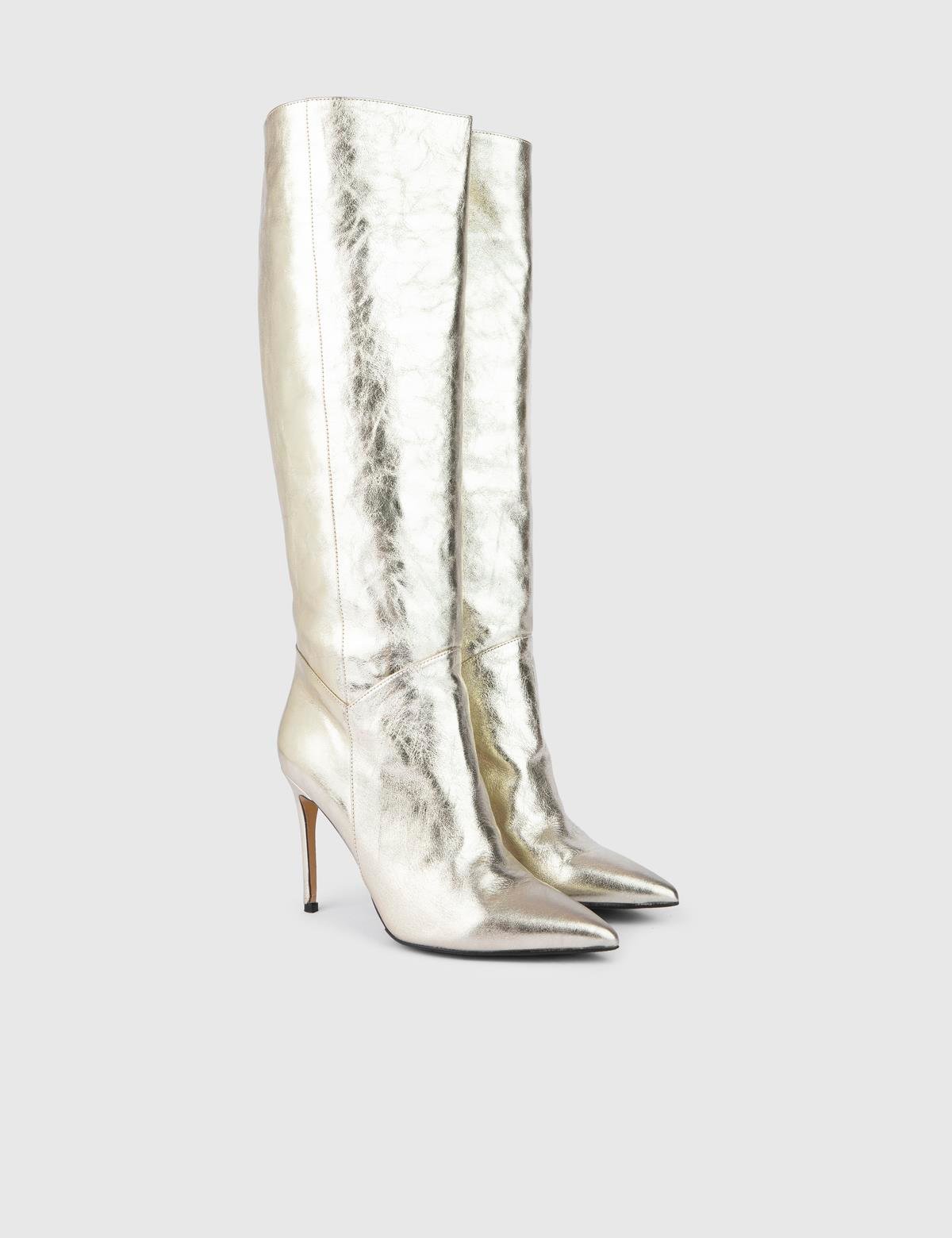 Flin Gold Leather Women's Heeled High Boot