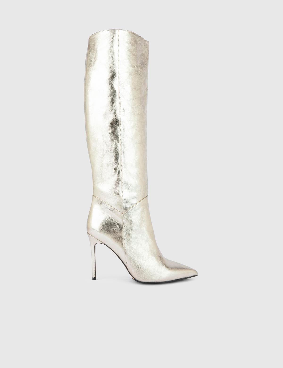 Flin Gold Leather Women's Heeled High Boot