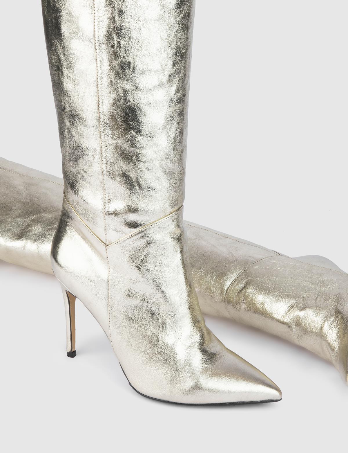 Flin Gold Leather Women's Heeled High Boot