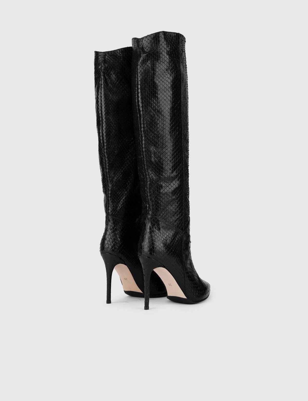 Flin Black Snake Leather Women's Heeled High Boot