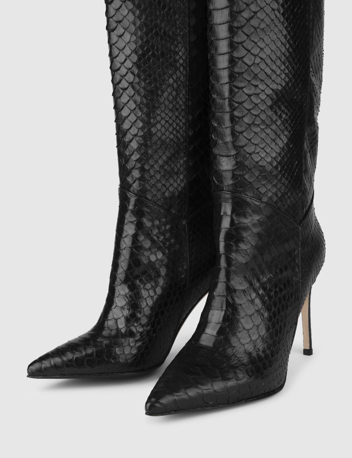 Flin Black Snake Leather Women's Heeled High Boot