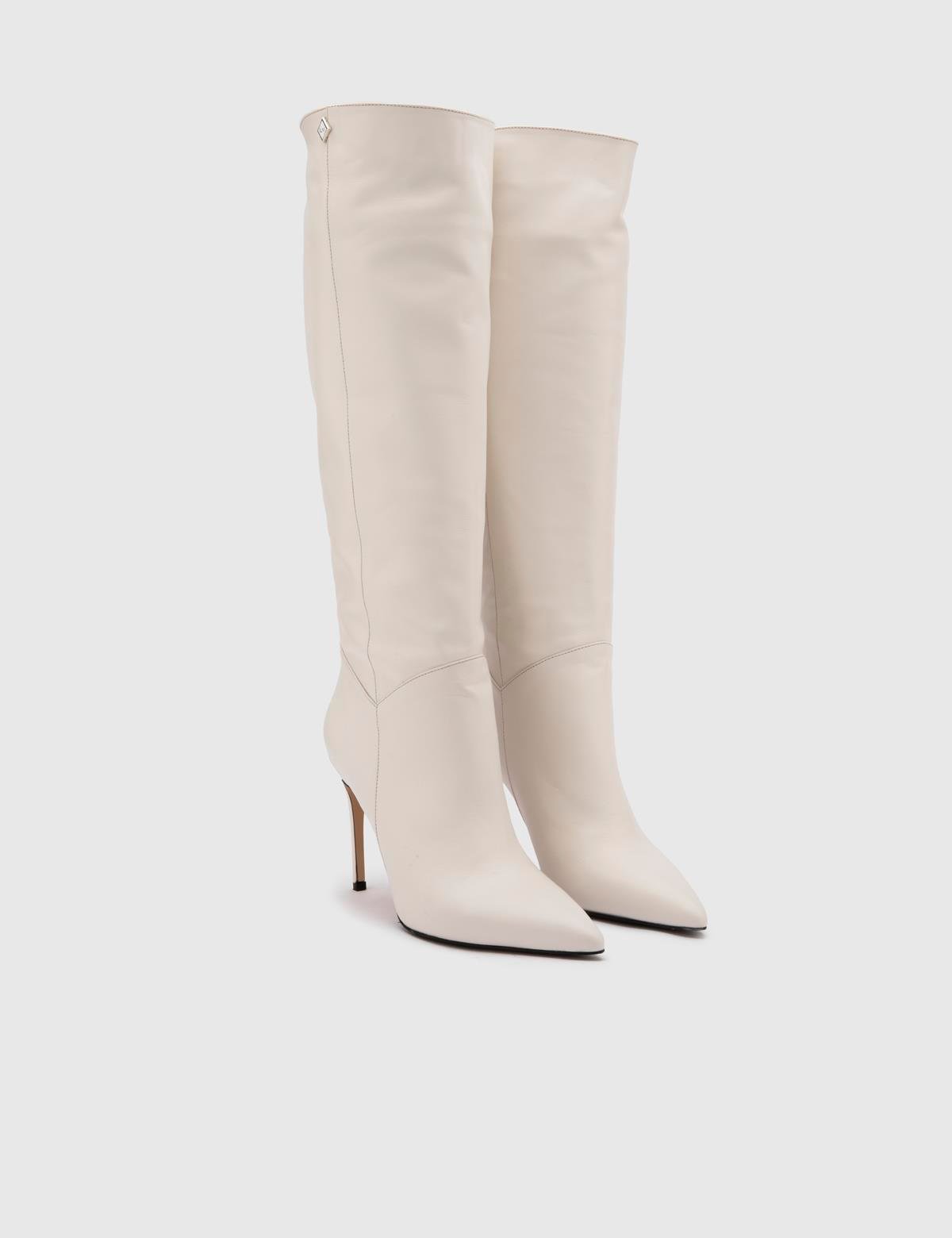 Flin Beige Leather Women's Heeled High Boot