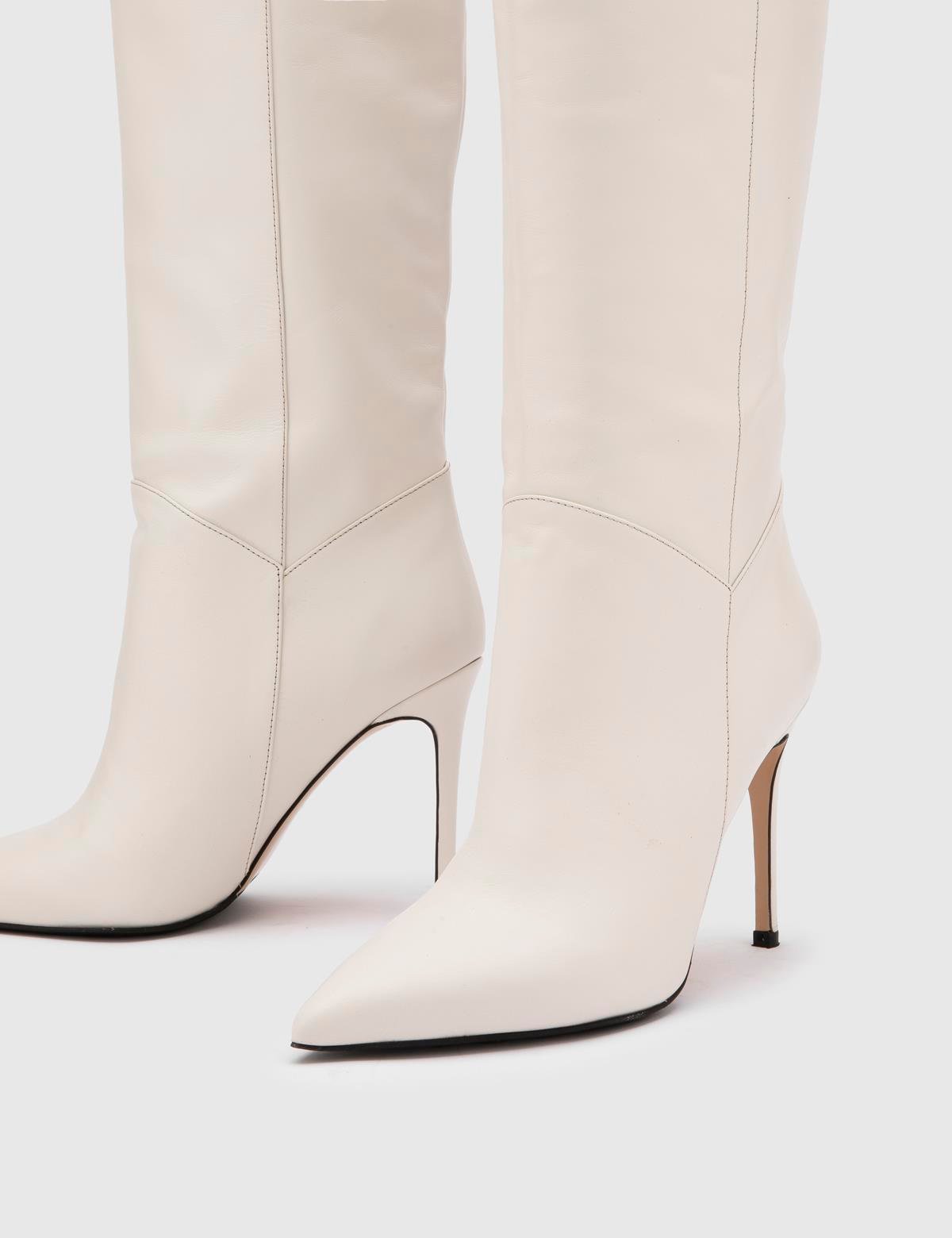 Flin Beige Leather Women's Heeled High Boot