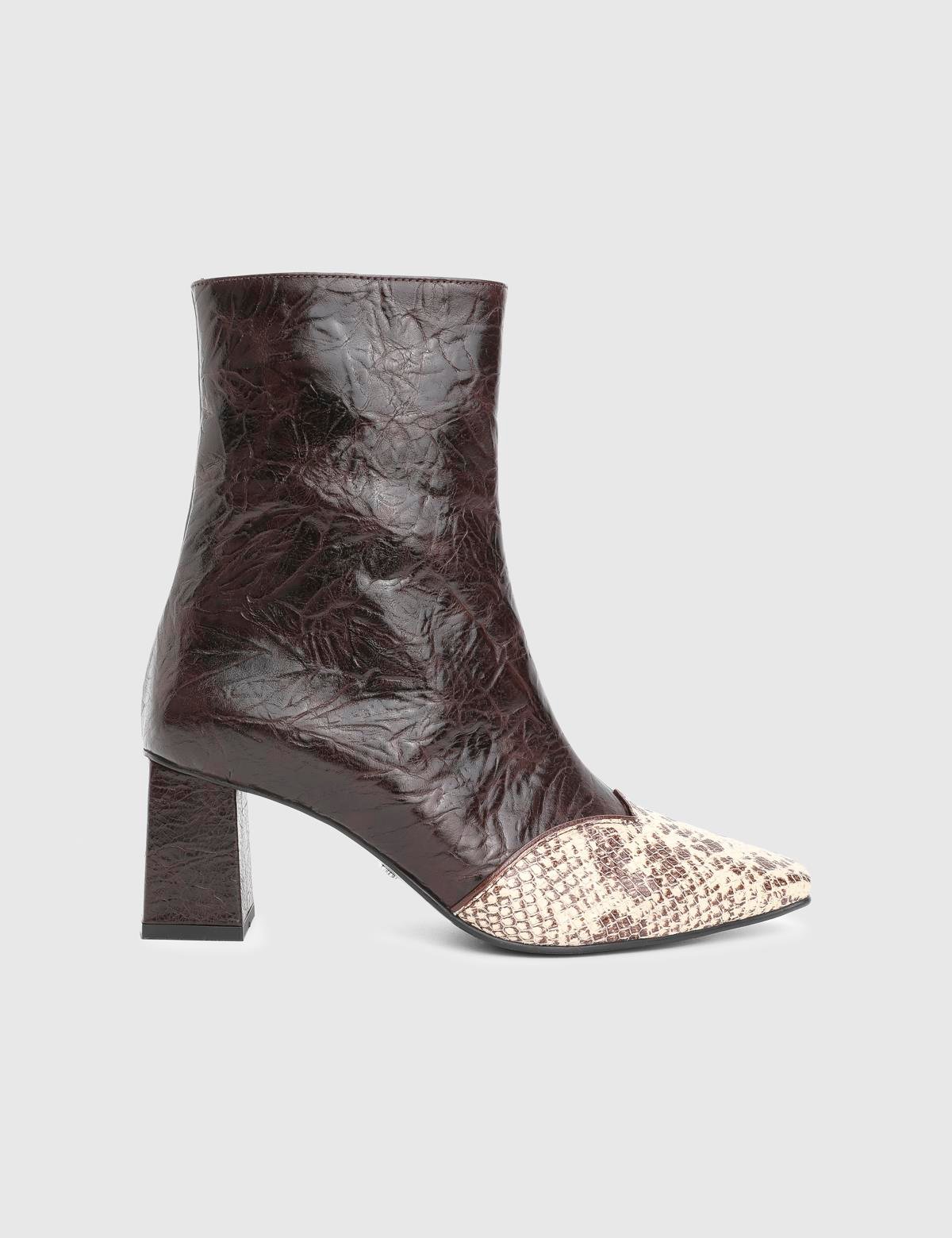 Fliy Brown Leather Snake Women's Heeled Boot