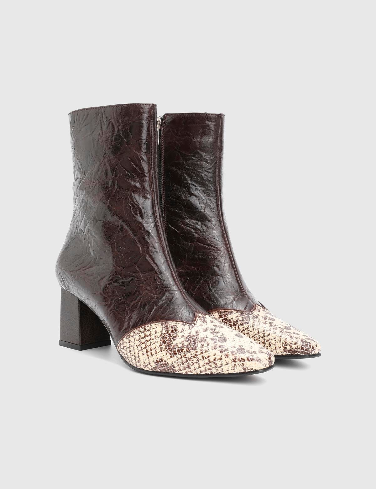 Fliy Brown Leather Snake Women's Heeled Boot