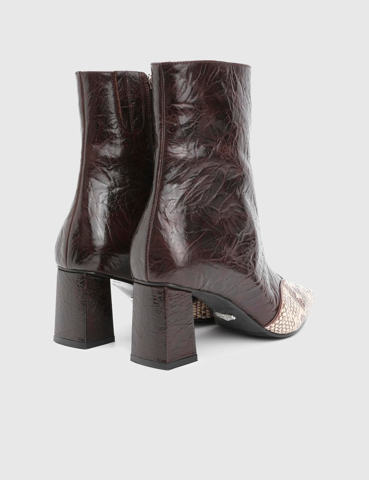 Fliy Brown Leather Snake Women's Heeled Boot