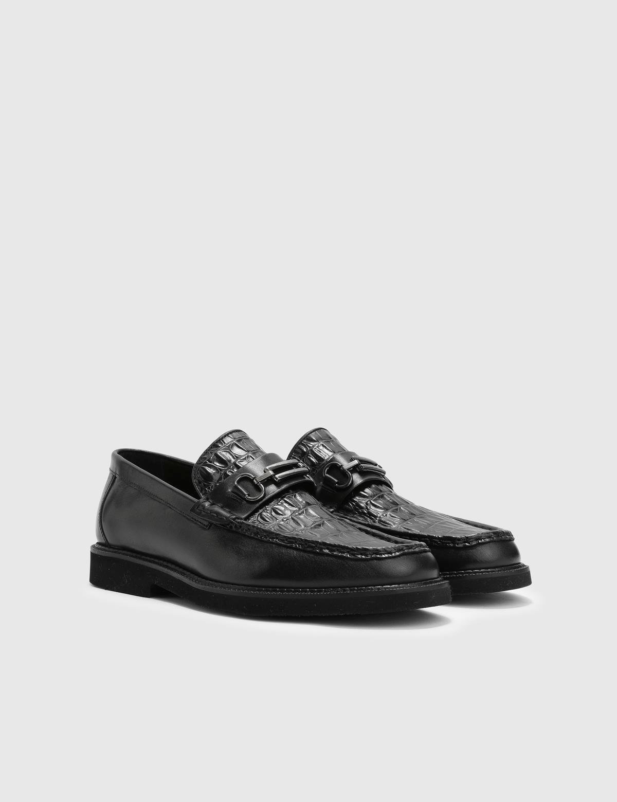 Franck Black Leather-Crocodile Leather Men's Loafer