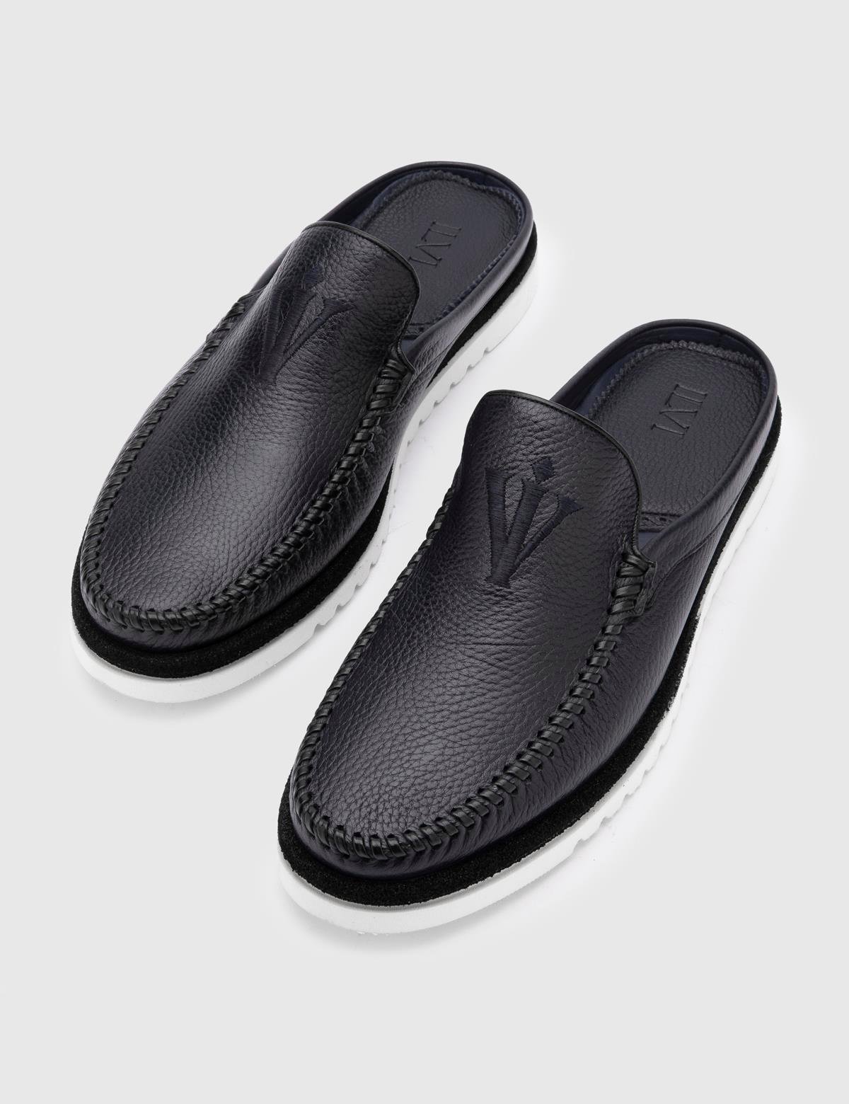 Konsa Navy Blue Floater Leather Men's Slipper Mule