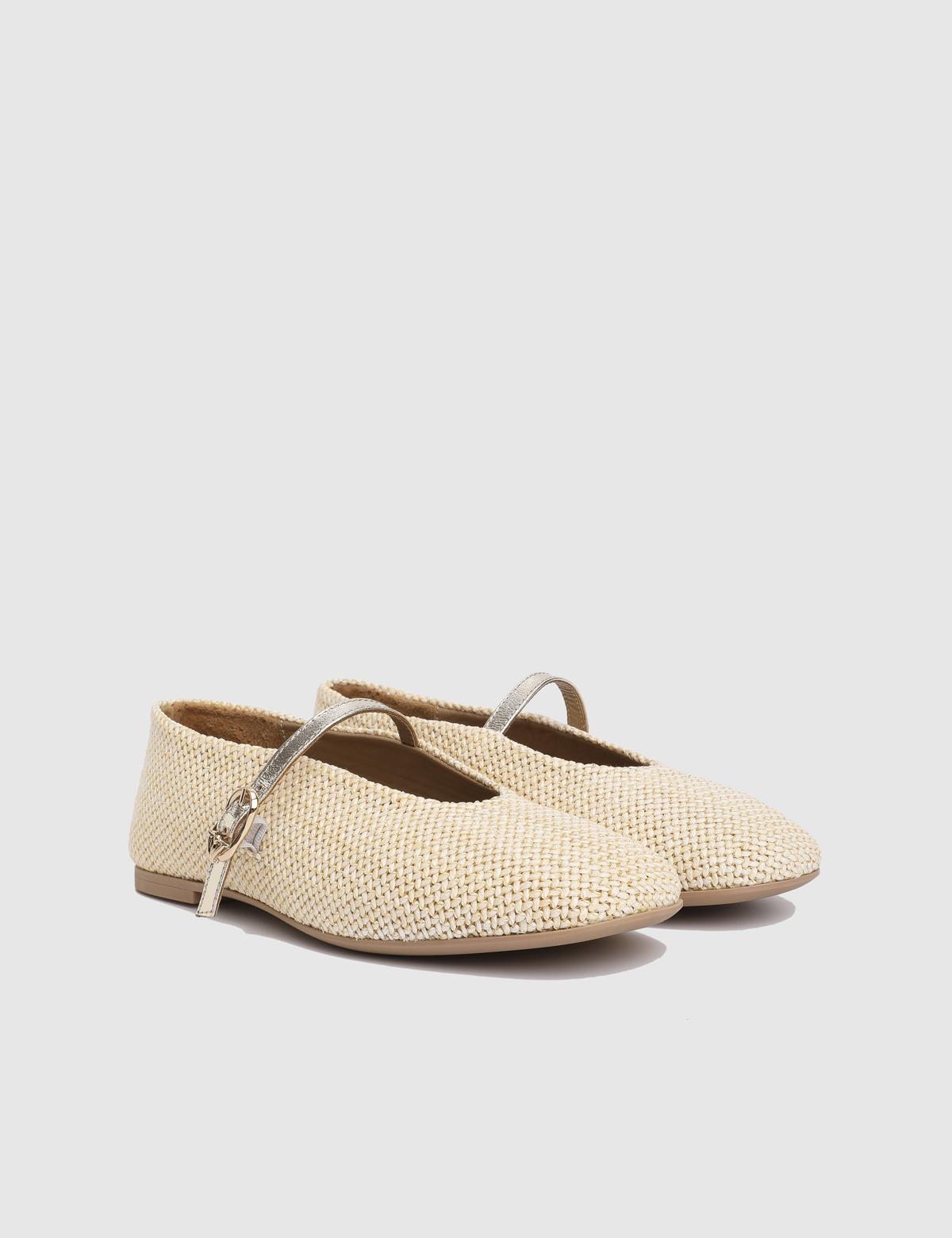 Larina Beige Leather Straw Women's Ballerina