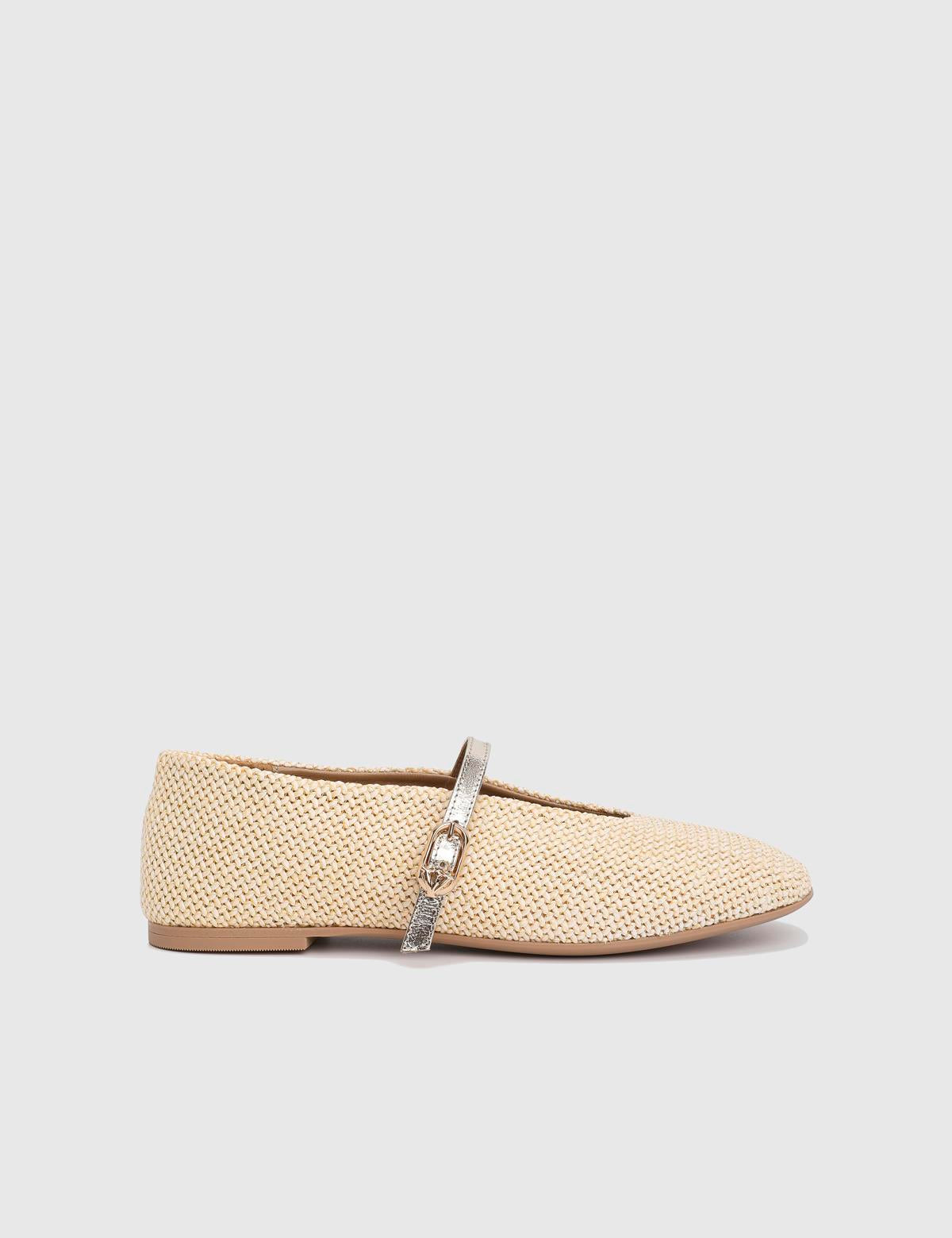 Larina Beige Leather Straw Women's Ballerina