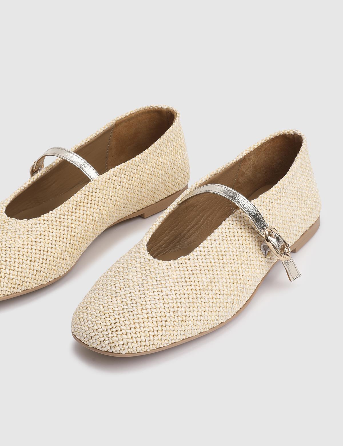 Larina Beige Leather Straw Women's Ballerina