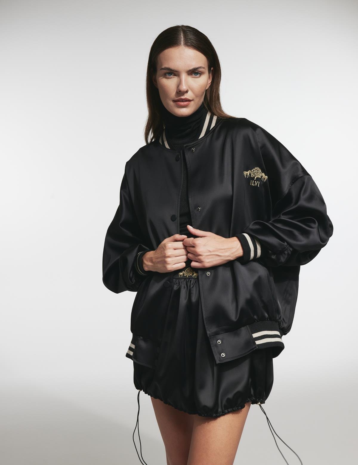 Marinda Black Satin Women's Bomber Jacket