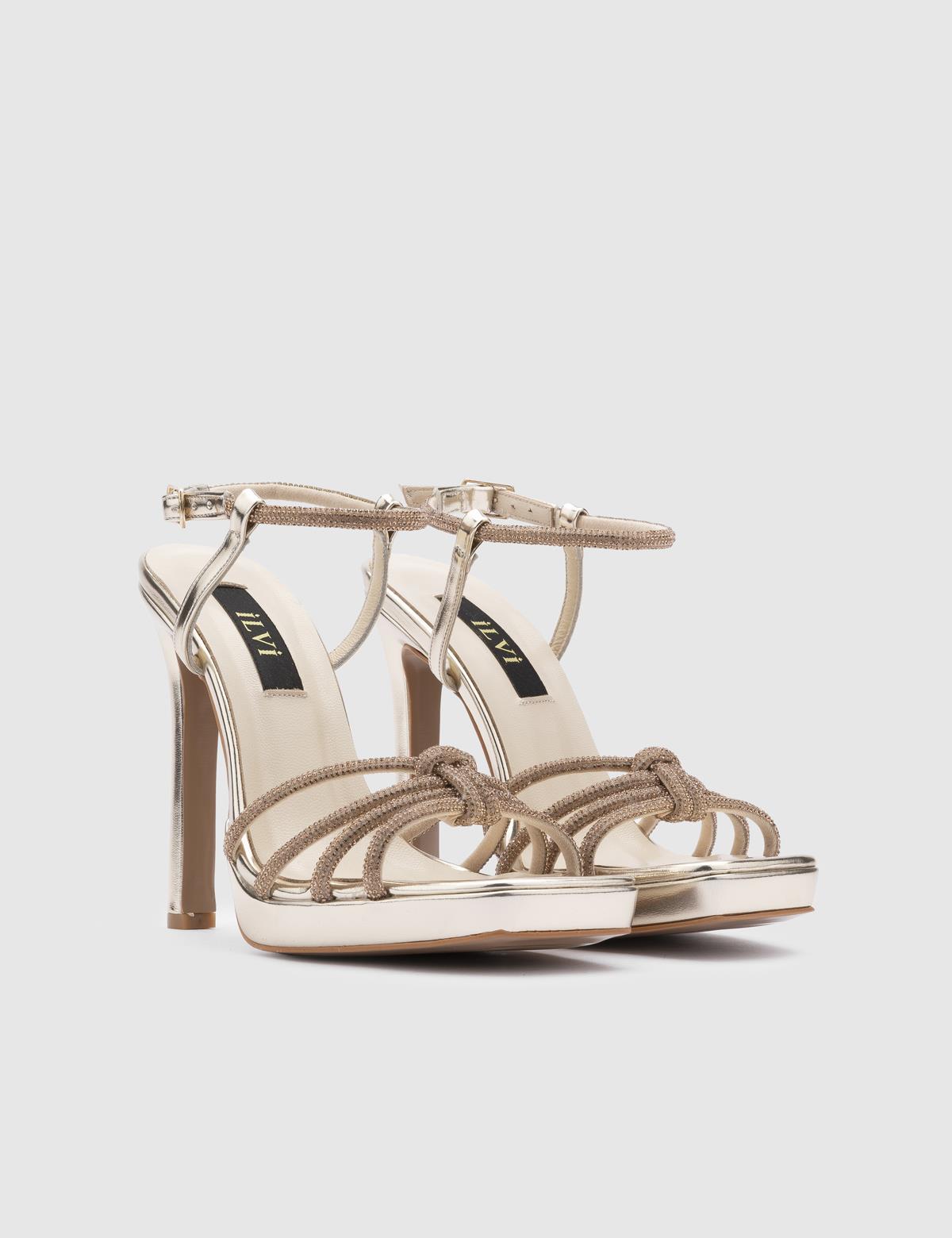 Masako Gold Leather Women's Heeled Sandal with Stones