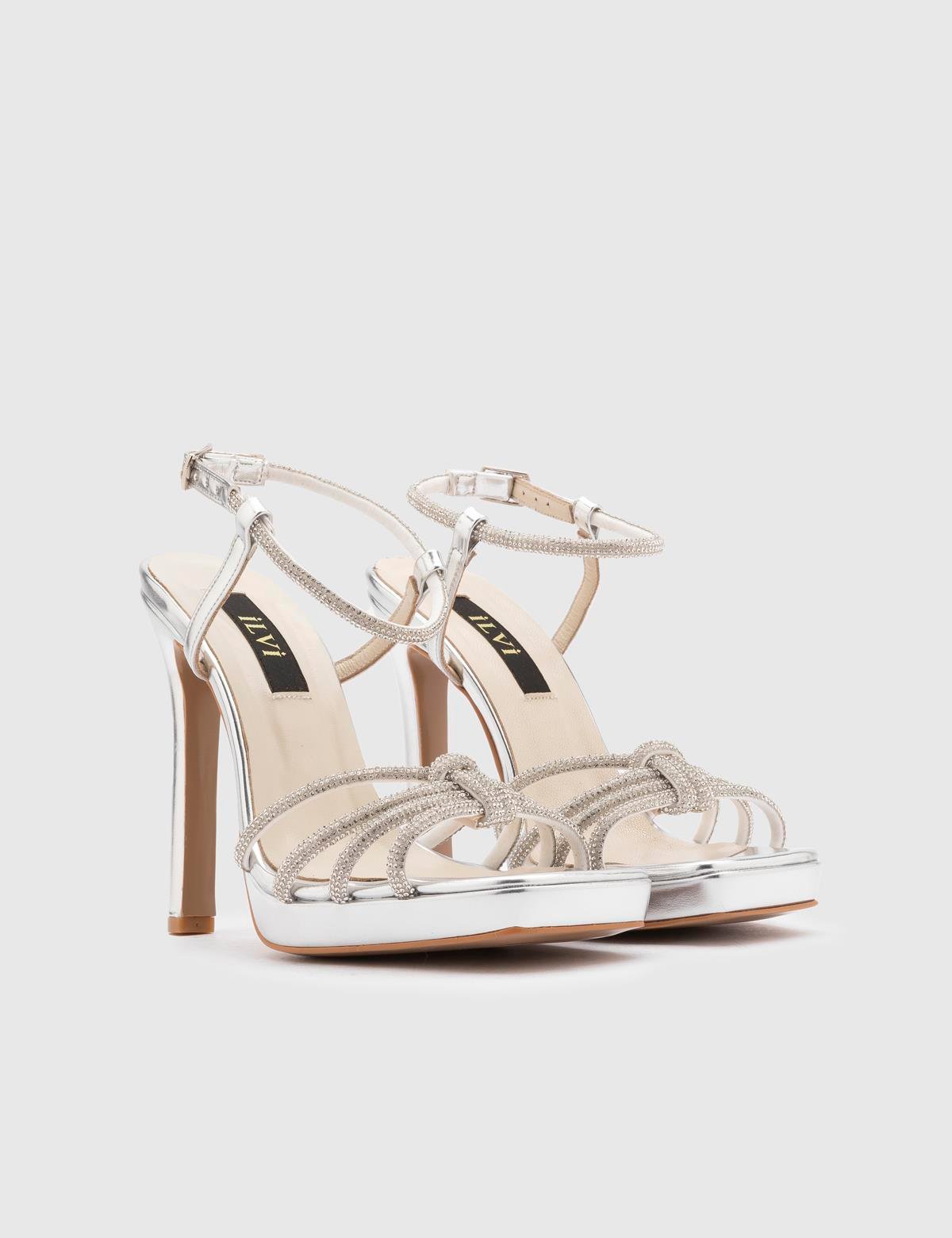 Masako Silver Leather Women's Heeled Sandal with Stones