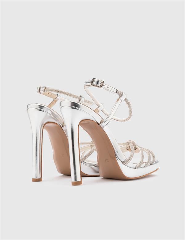 Masako Silver Leather Women's Heeled Sandal with Stones