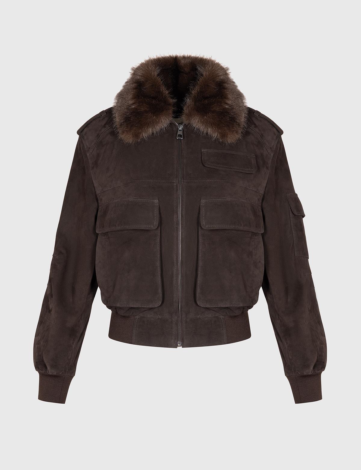 Neris Brown Suede Women's Leather Aviator Bomber Jacket