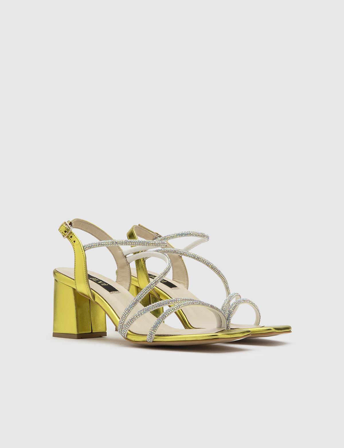 Nica Green Leather Women's Heeled Sandal with Stones