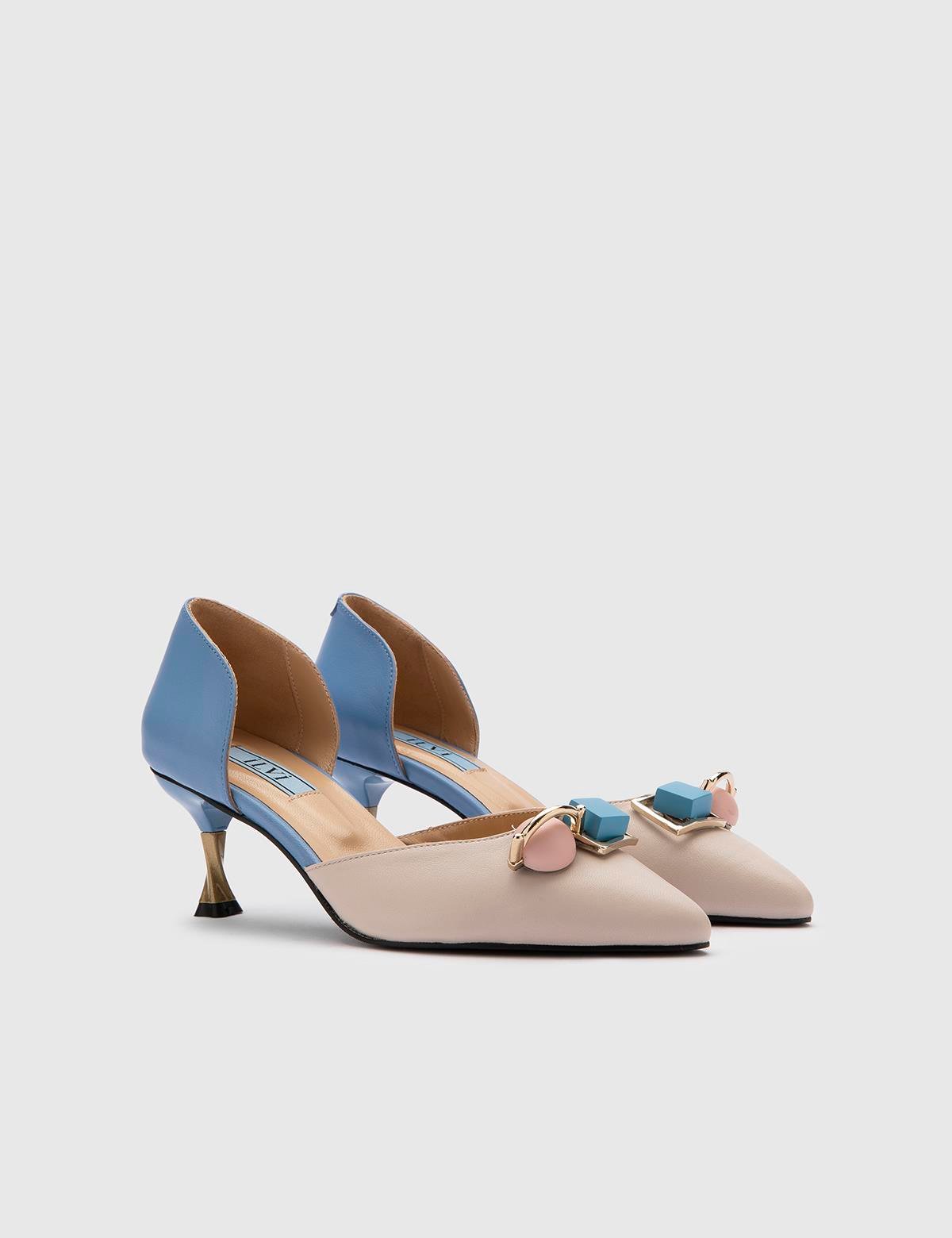 Nurdey Beige-Blue Leather Women's Pump