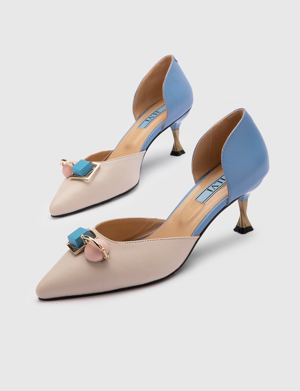 Nurdey Beige-Blue Leather Women's Pump