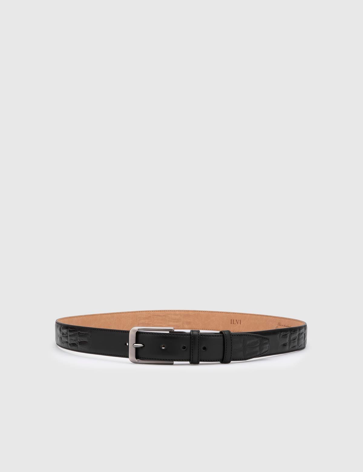 Owens Antique Black Leather Men's Belt with Crocodile Print