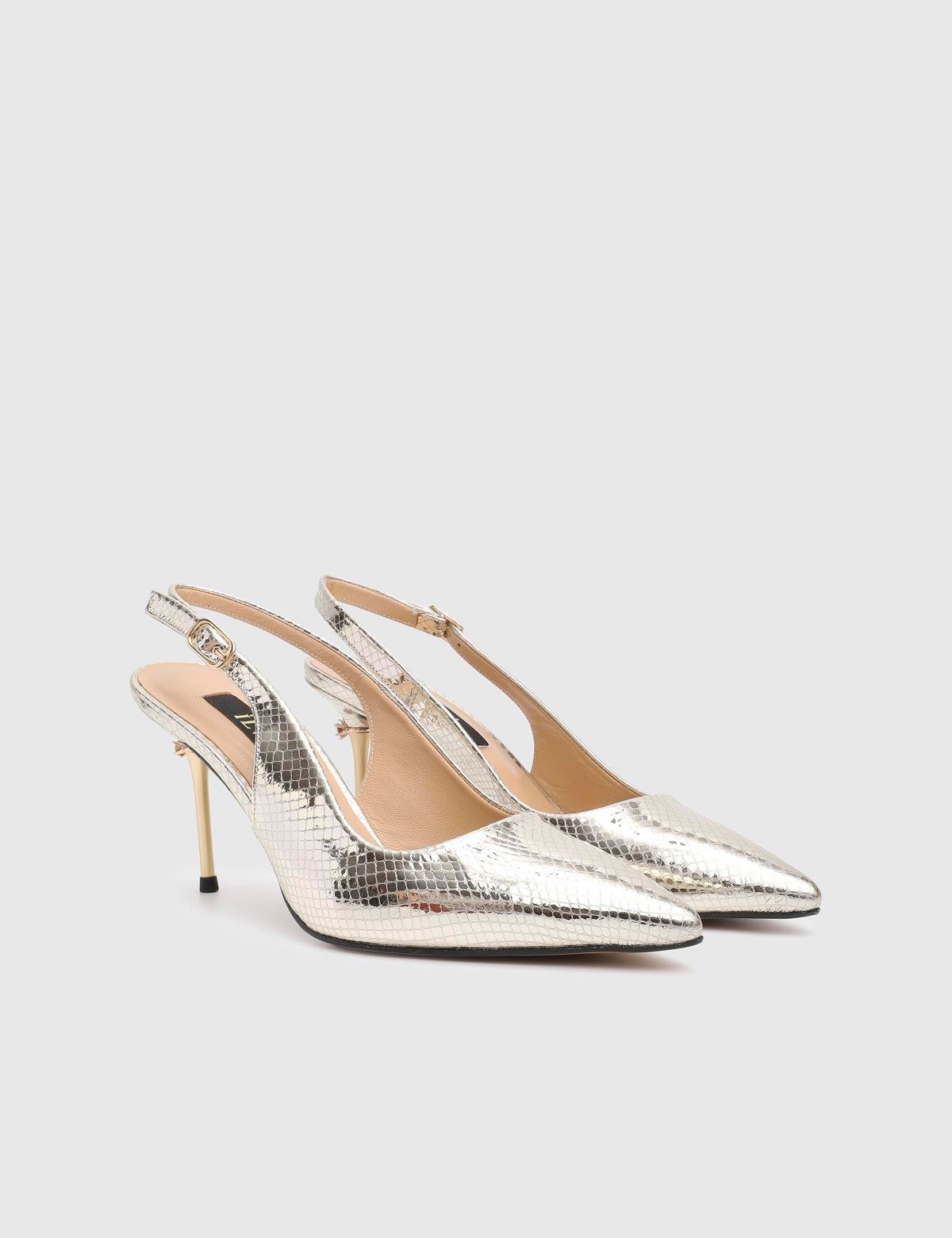 Panya Gold Leather Women's Heeled Sandal with Snake Print