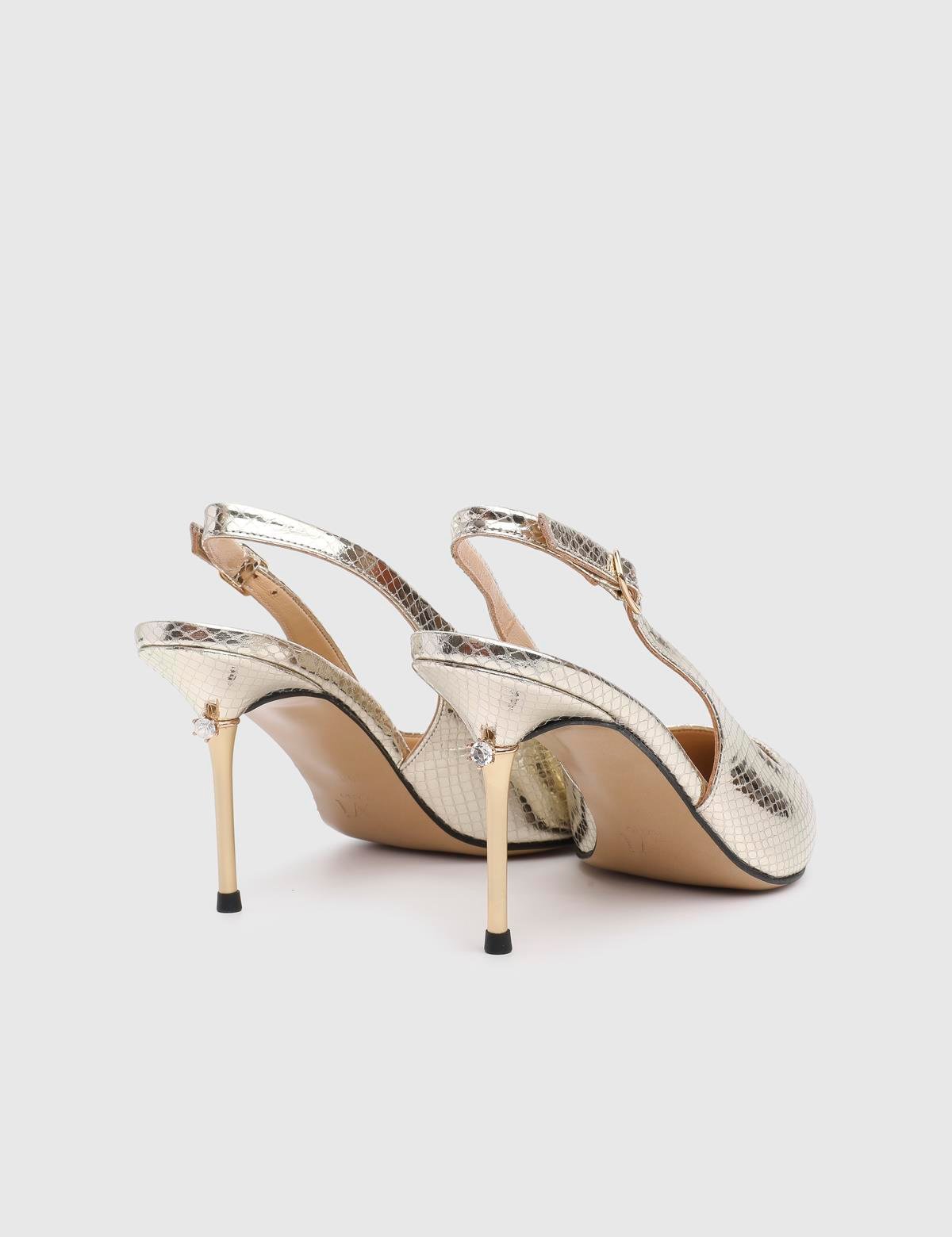 Panya Gold Leather Women's Heeled Sandal with Snake Print