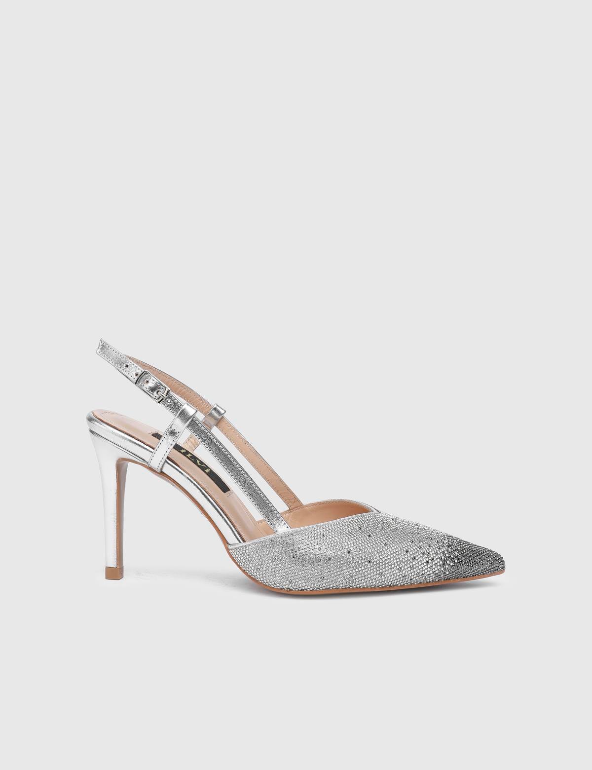 Peric Silver Leather Women's Heeled Sandal with Stones