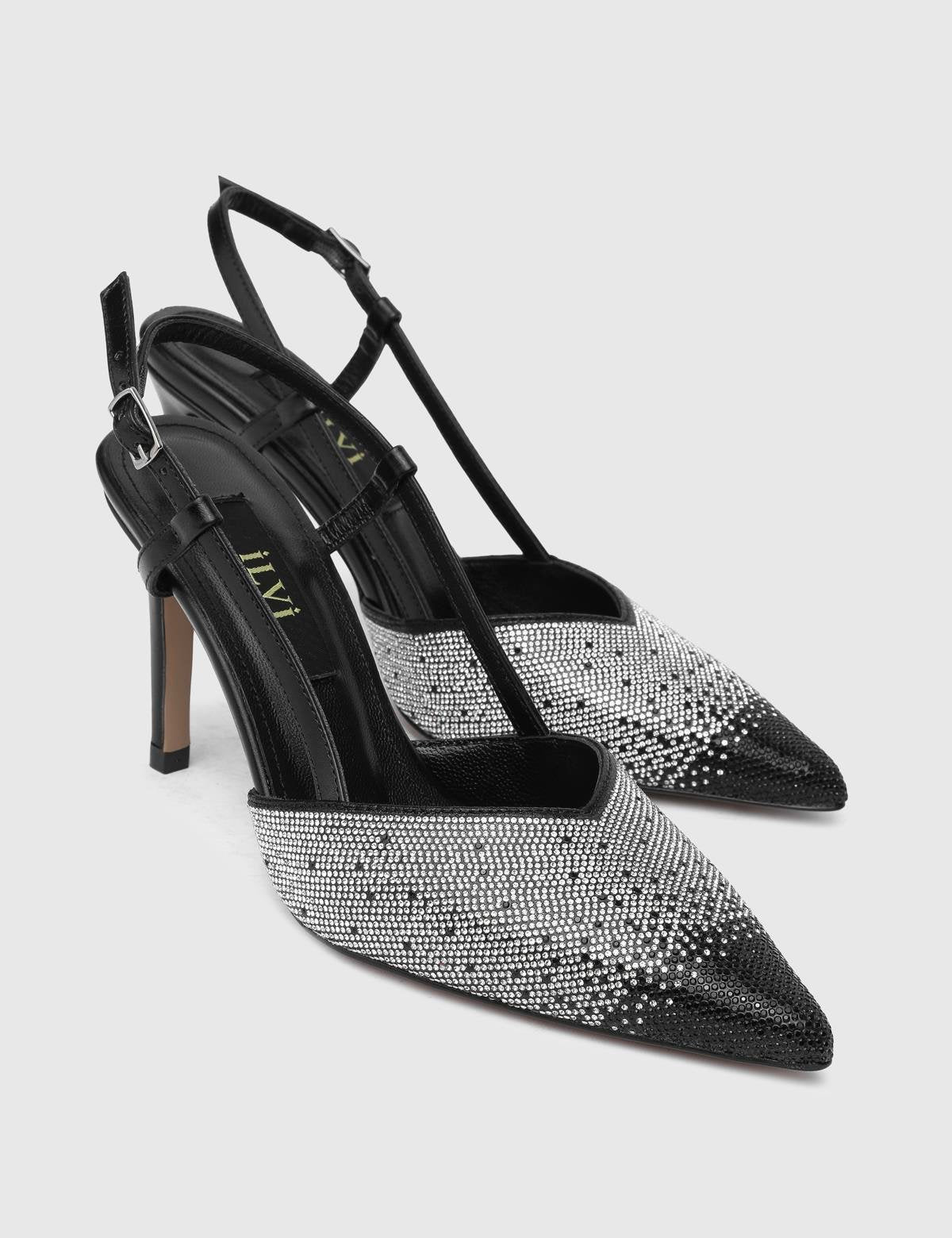 Peric Black Leather Women's Heeled Sandal with Stones