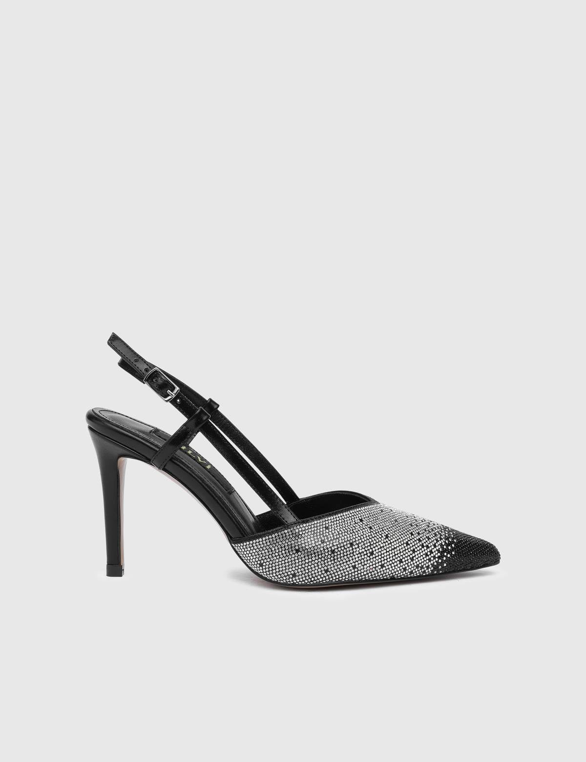 Peric Black Leather Women's Heeled Sandal with Stones