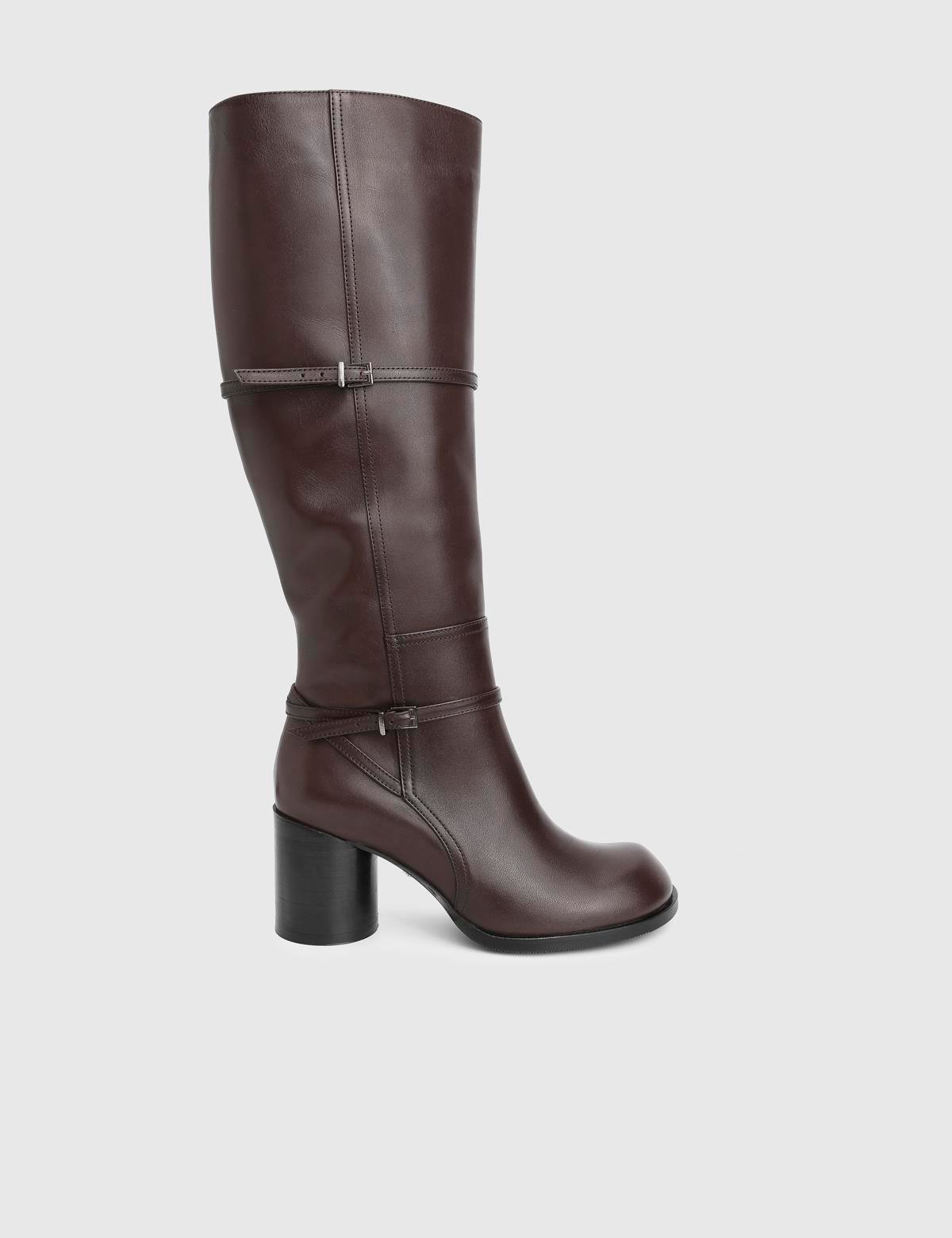 Perite Brown Leather Women's Heeled High Boot