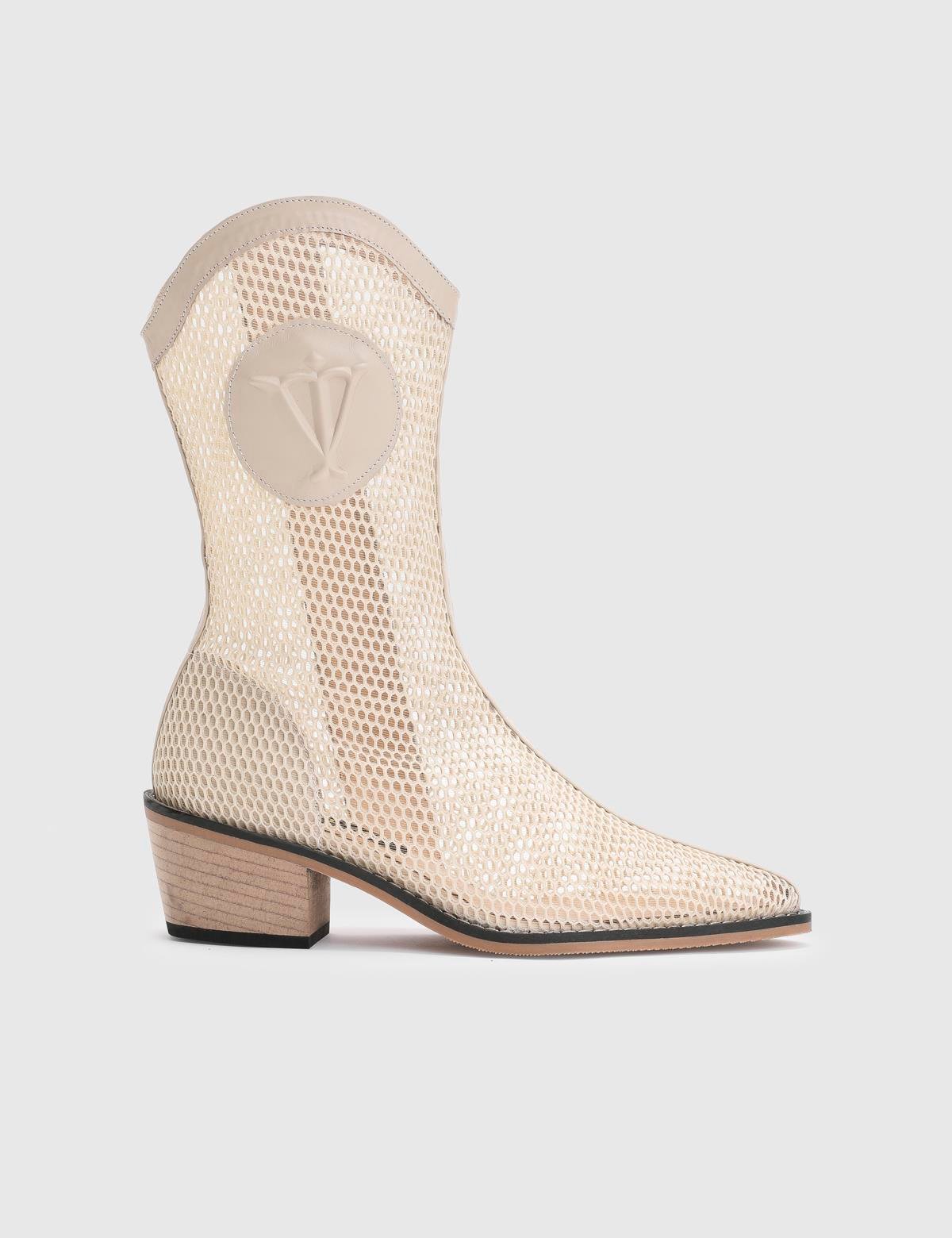 Reijo Beige Patent Leather-Mesh Women's Heeled Boot