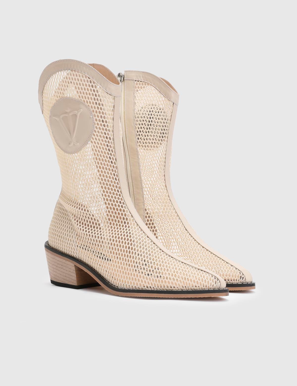 Reijo Beige Patent Leather-Mesh Women's Heeled Boot