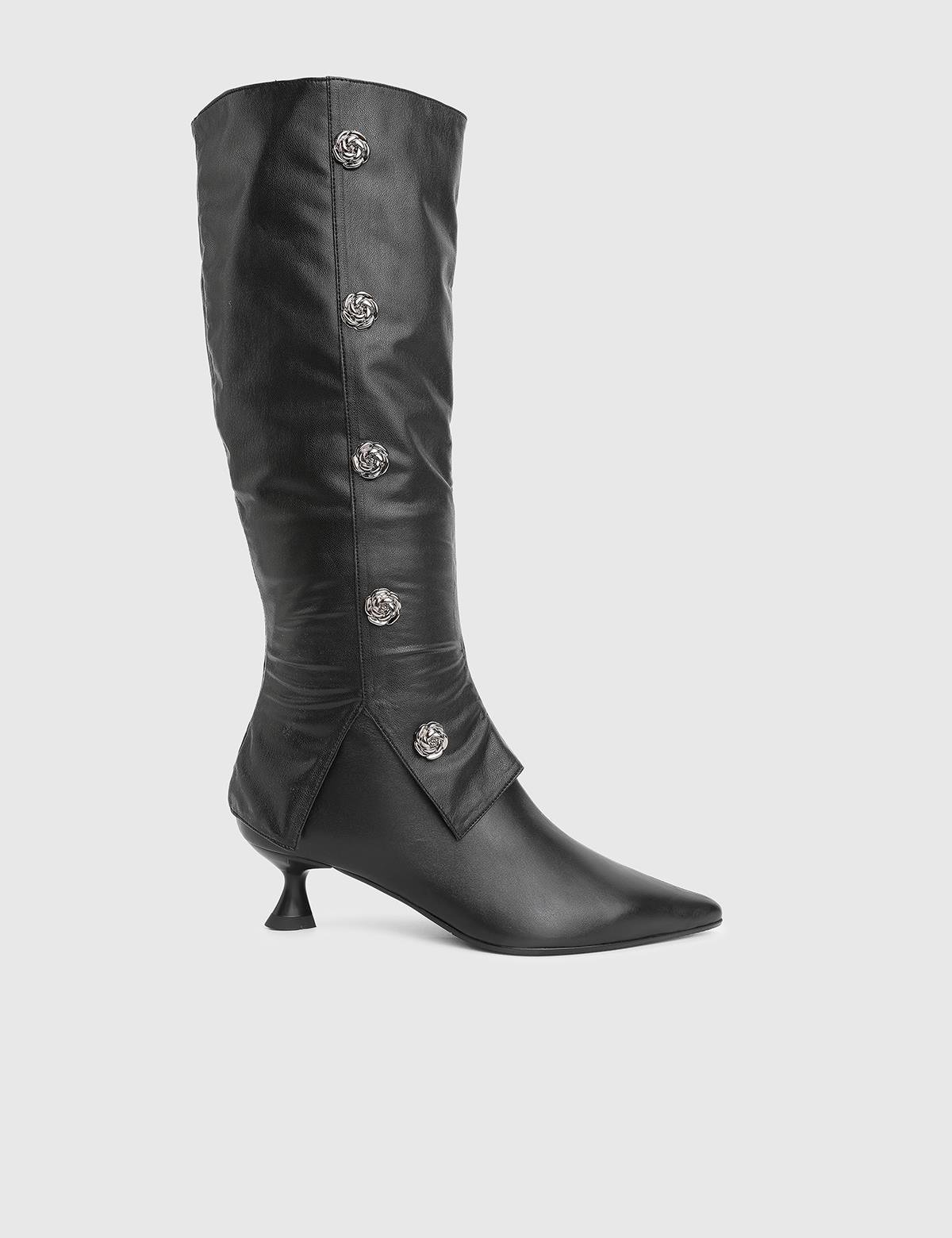 Roney Black Leather Women's Heeled High Boot