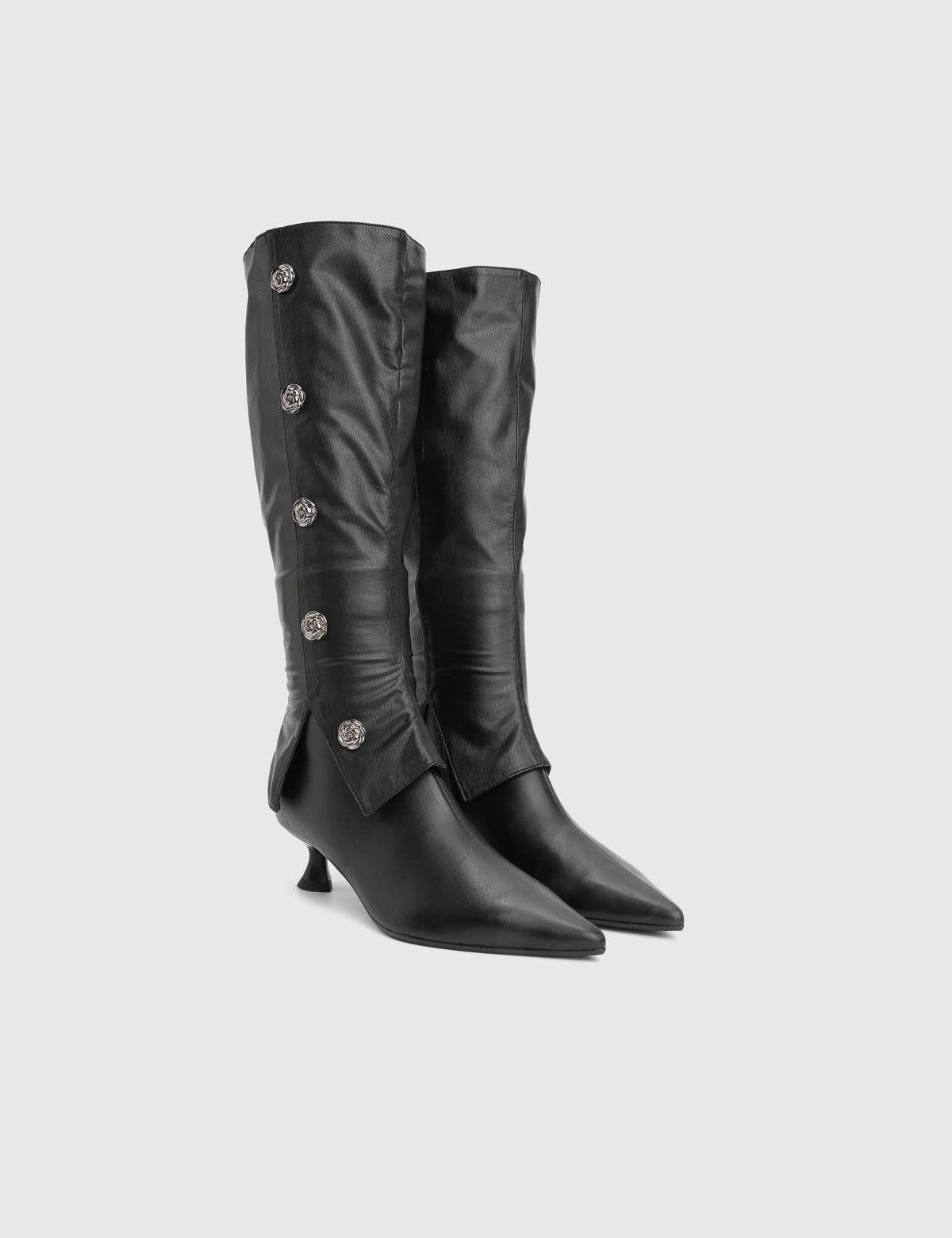 Roney Black Leather Women's Heeled High Boot